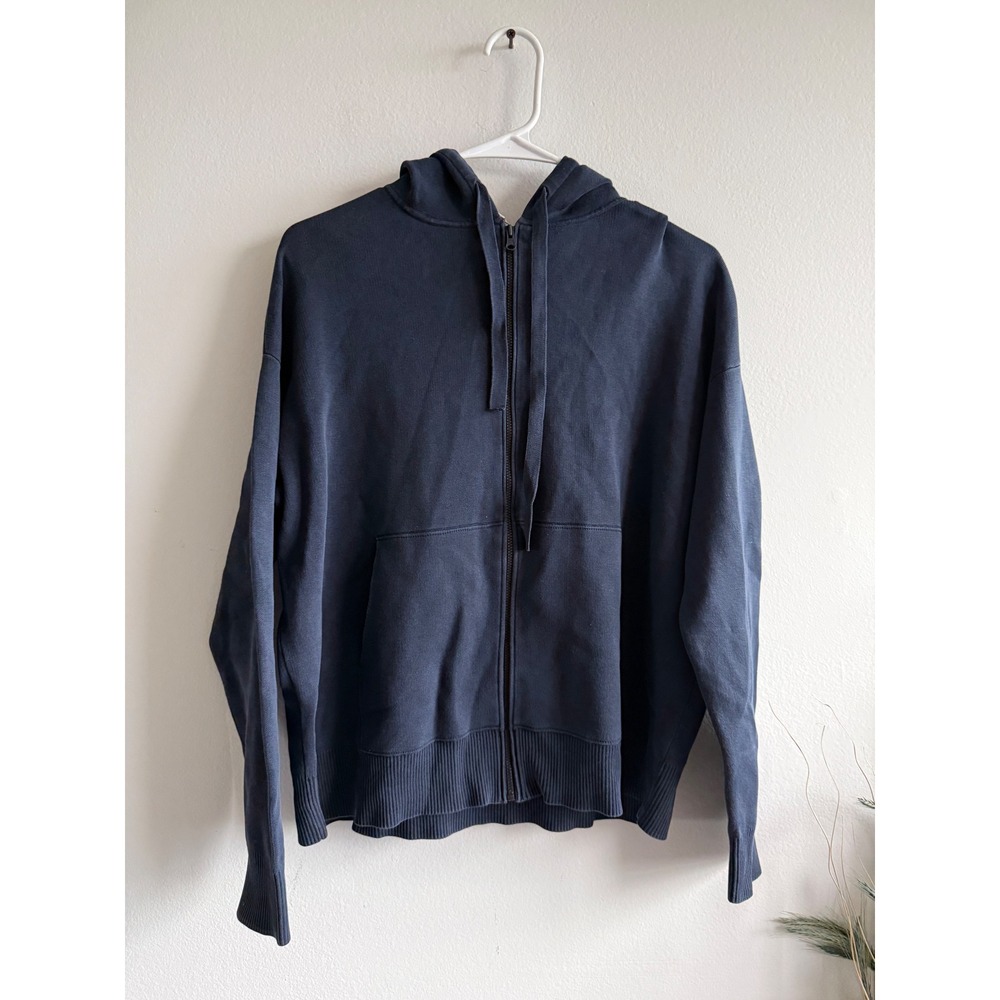 Vince Navy Blue Cotton Blend Ribbed Full Zip Knit Hoodie Sweatshirt Small